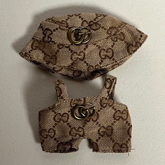 Designer Overalls Bucket Hat 2 Piece Outfit For Labubu Brown Tan - Picture 1 of 5